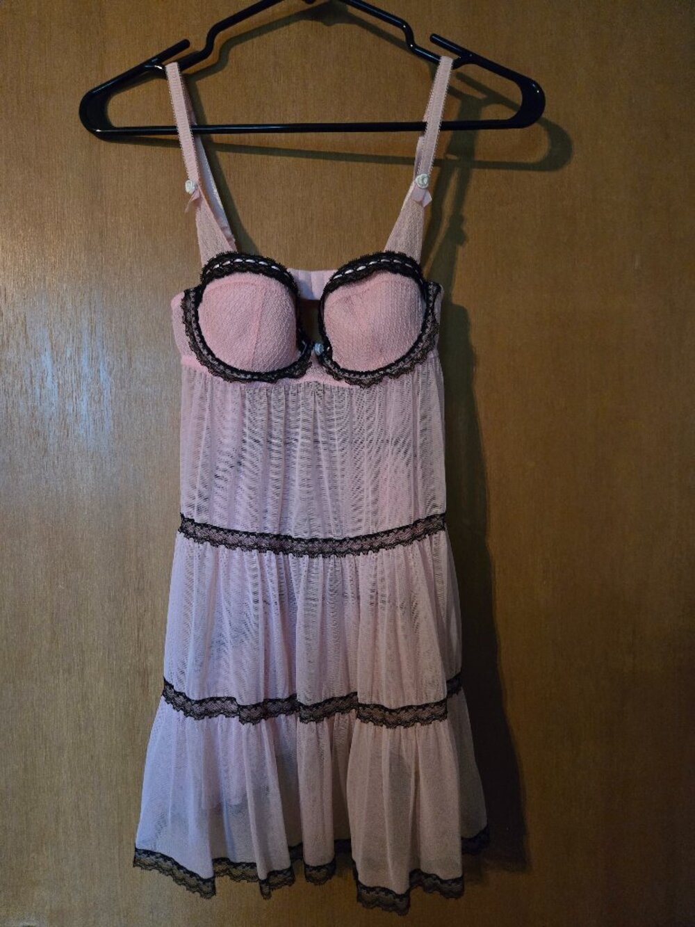 La Senza Pastel Pink Black Lace Tiered Babydoll Lingerie Chemise Size S